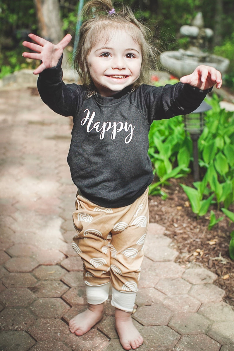 Child's Crewneck Bamboo Happy in Black and Blush Writing