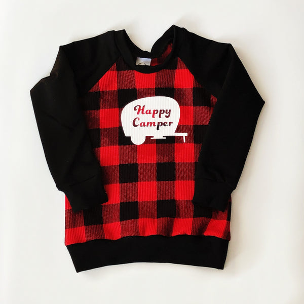 Child's Crewneck Happy Camper in Waffle Plaid