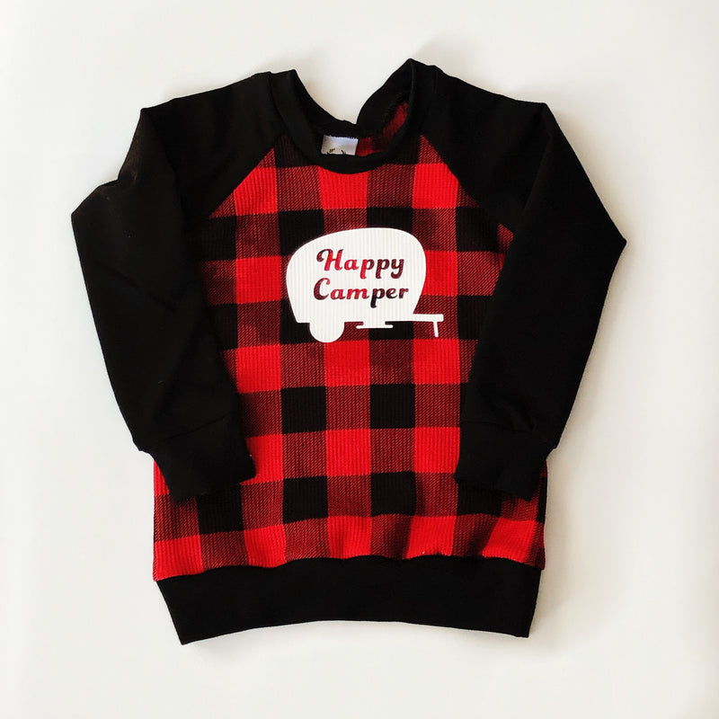 Child's Crewneck Happy Camper in Waffle Plaid