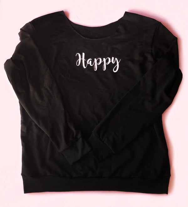 Women's Long Sleeve Bamboo Top Crew Neck - Happy in Black