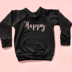 Child's Crewneck Bamboo Happy in Black and Blush Writing