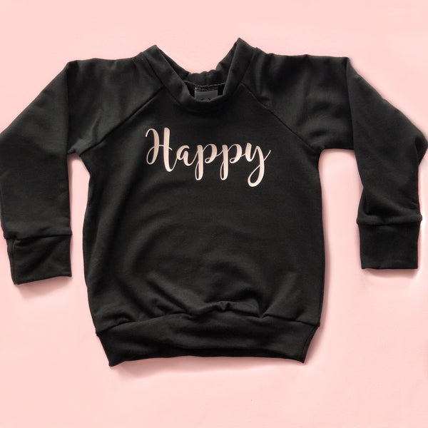 Child's Crewneck Bamboo Happy in Black and Blush Writing