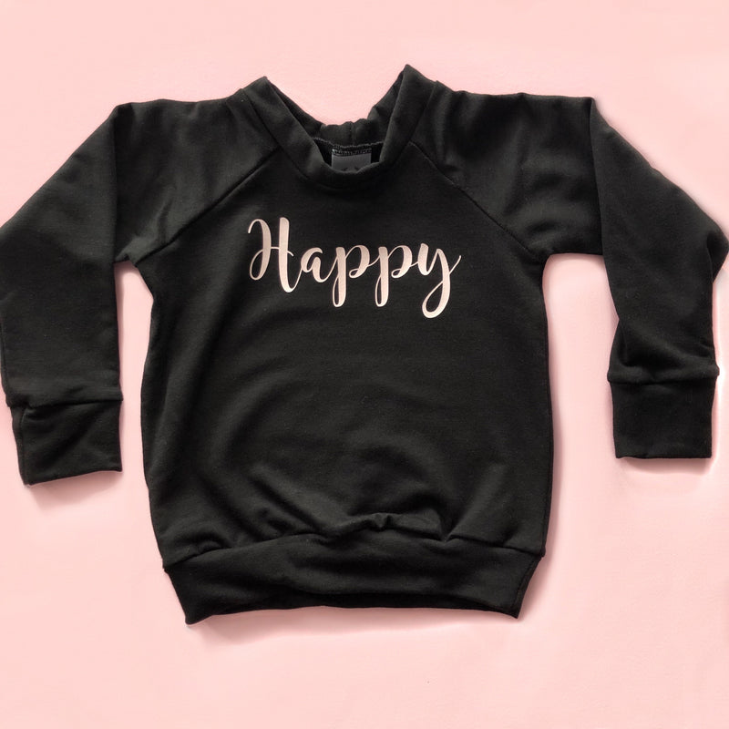 Child's Crewneck Bamboo Happy in Black and Blush Writing