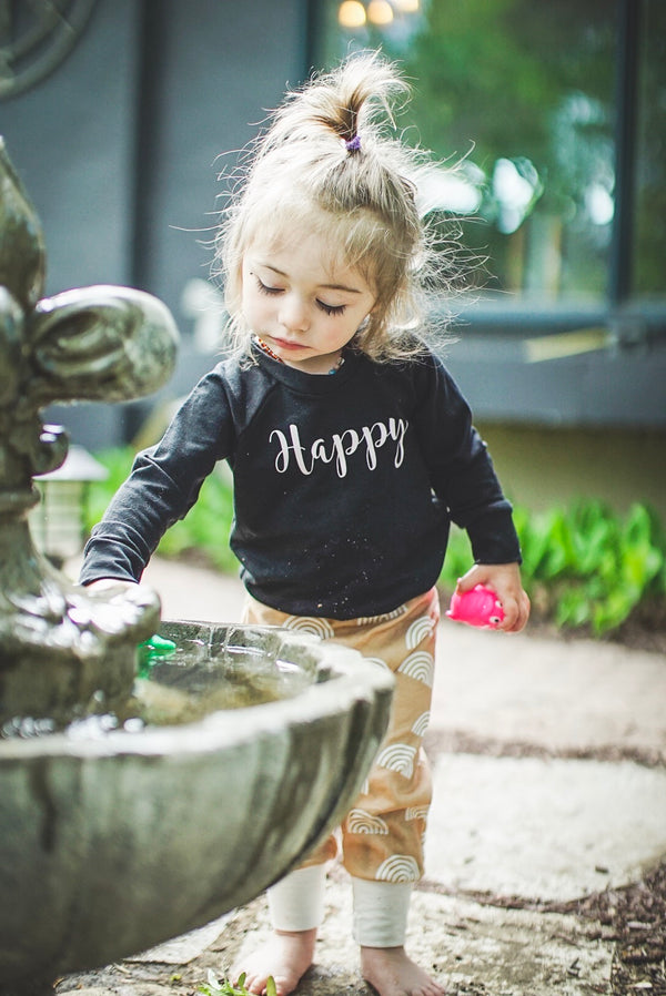 Child's Crewneck Bamboo Happy in Black and Blush Writing